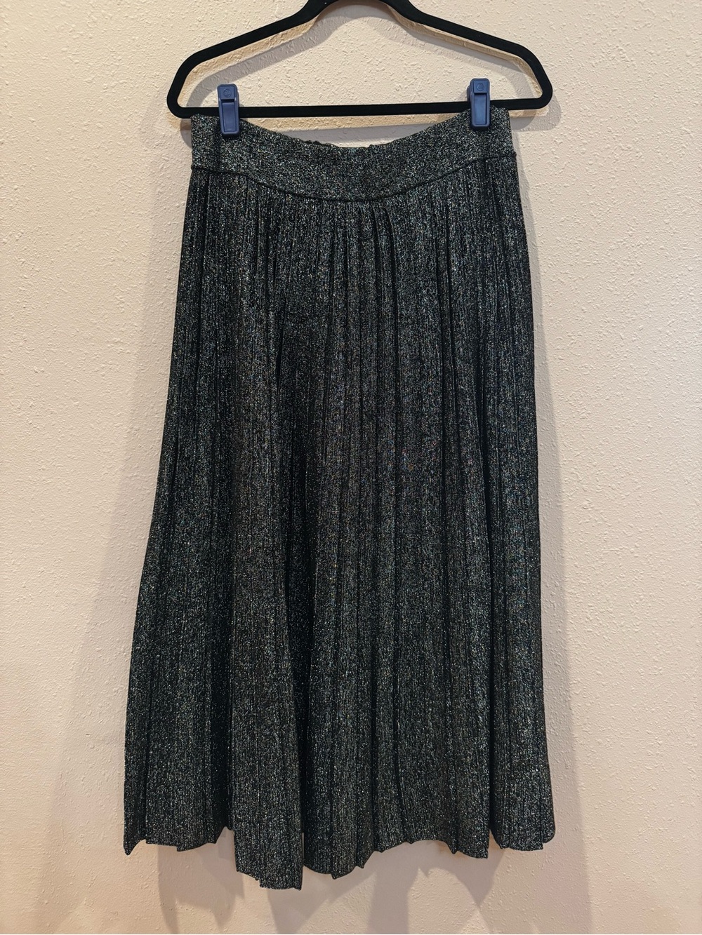 Pleated Metallic Knit Midi Skirt